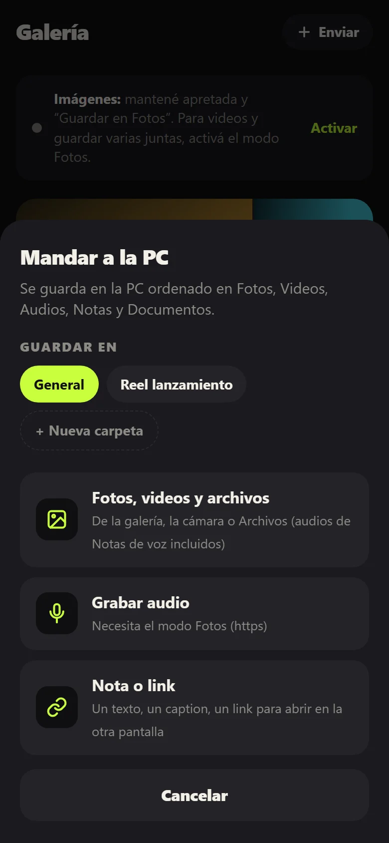 Hoja para mandar archivos, grabar audio o una nota